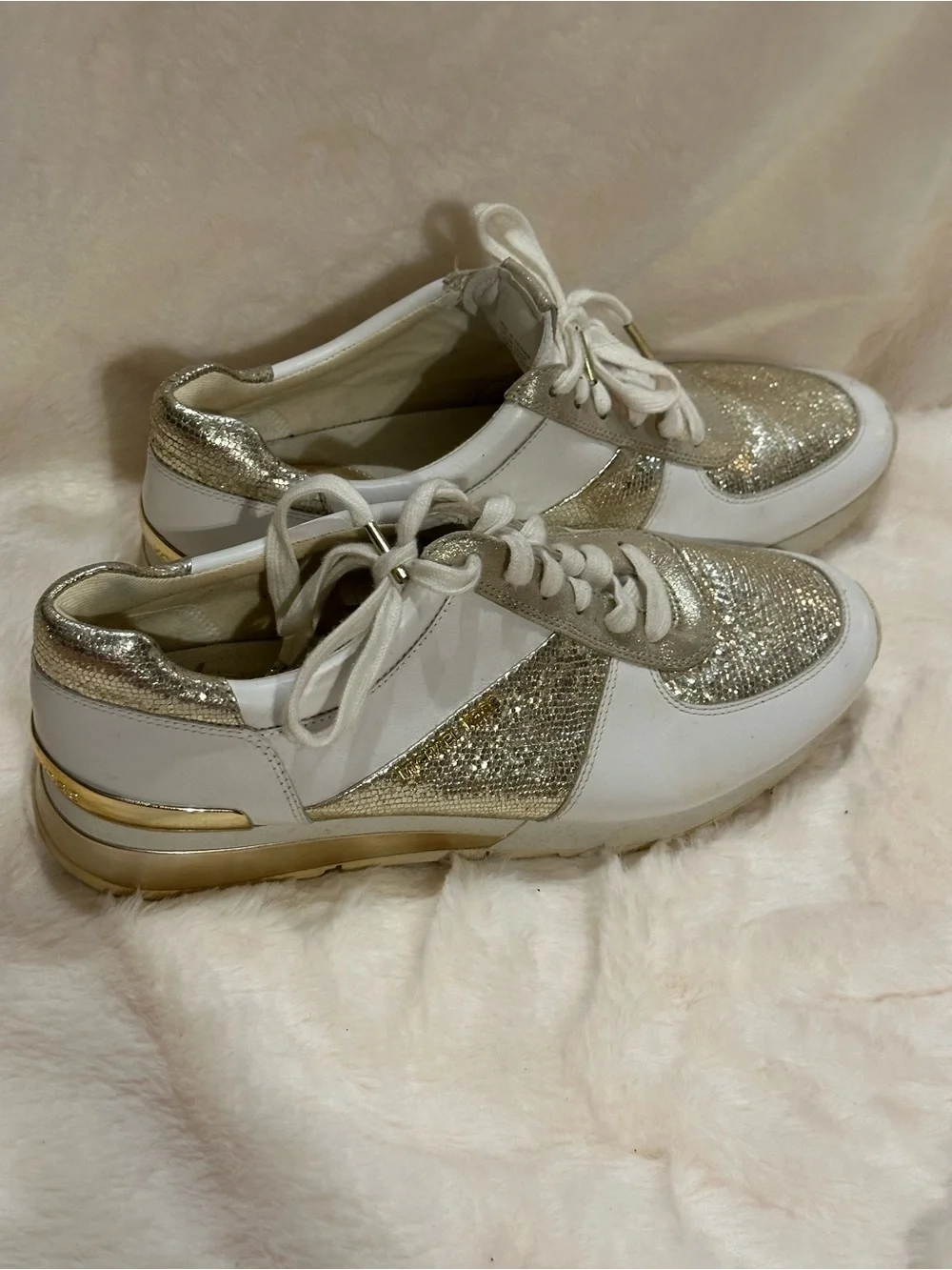 Michael Kors White and Gold Women's Sparkle Lace-Up Sneakers - Picture 3 of 10